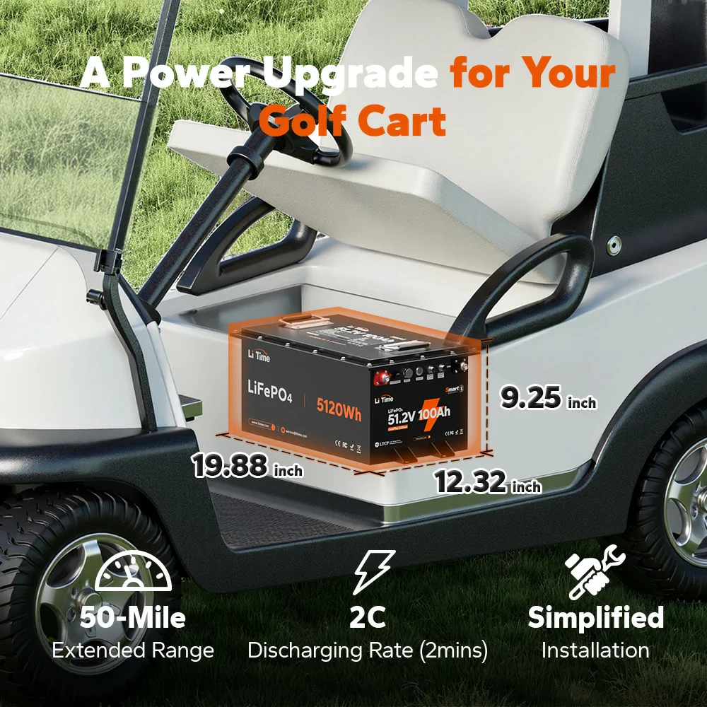 LiTime 48V(51.2V) 100Ah Bluetooth Golf Cart Lithium Battery with Real-Time Monitoring