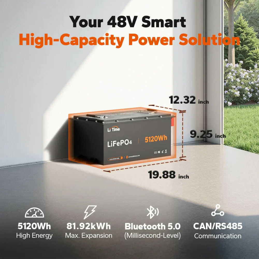 LiTime 48V(51.2V) 100Ah Smart ComFlex Lithium Battery with Bluetooth & Victron Communication