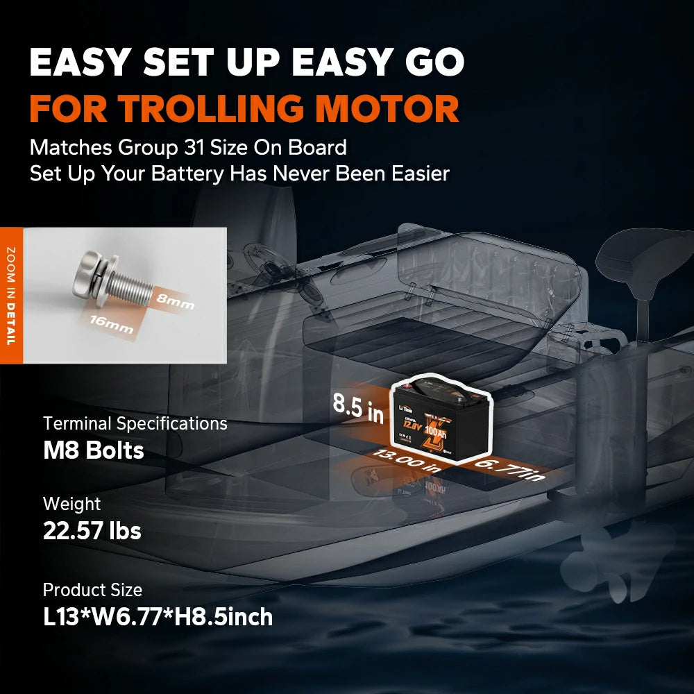 LiTime 12V 100Ah Marine Deep Cycle Battery for Electric Outboard Trolling Motor