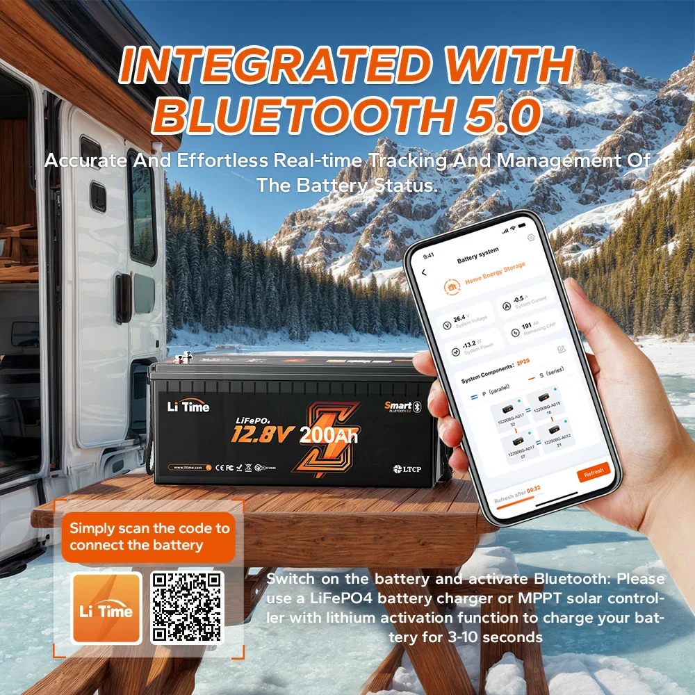 LiTime 12V 200Ah Bluetooth Lithium Battery for RVs, Marine