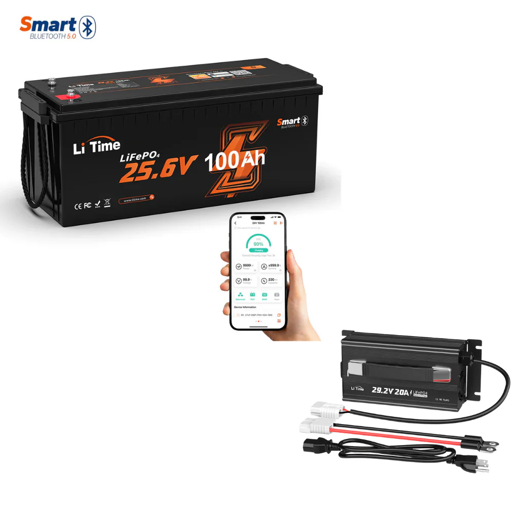 LiTime 24V 100Ah LiFePO4 Bluetooth Lithium RV, Marine Battery with Low-Temp Protection