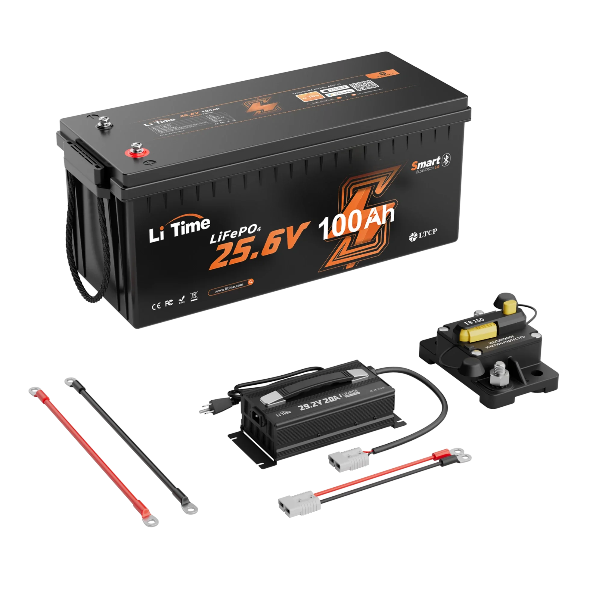 LiTime 24V 100Ah LiFePO4 Bluetooth Lithium RV, Marine Battery with Low-Temp Protection