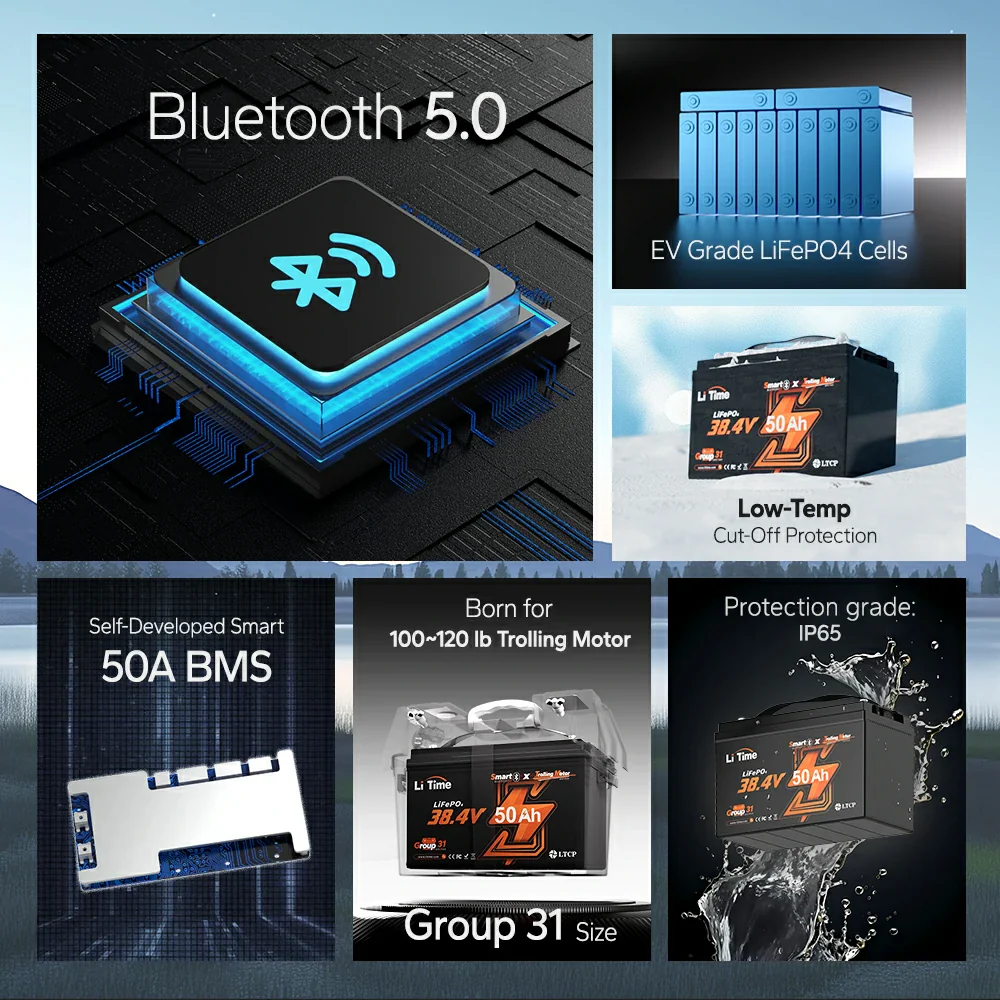 LiTime 36V 50Ah Marine Trolling Motor Lithium Bluetooth Battery