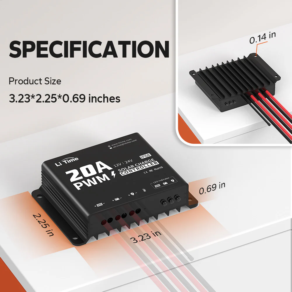 LiTime 12V/24V 20A PWM Solar Charge Controller with Bluetooth