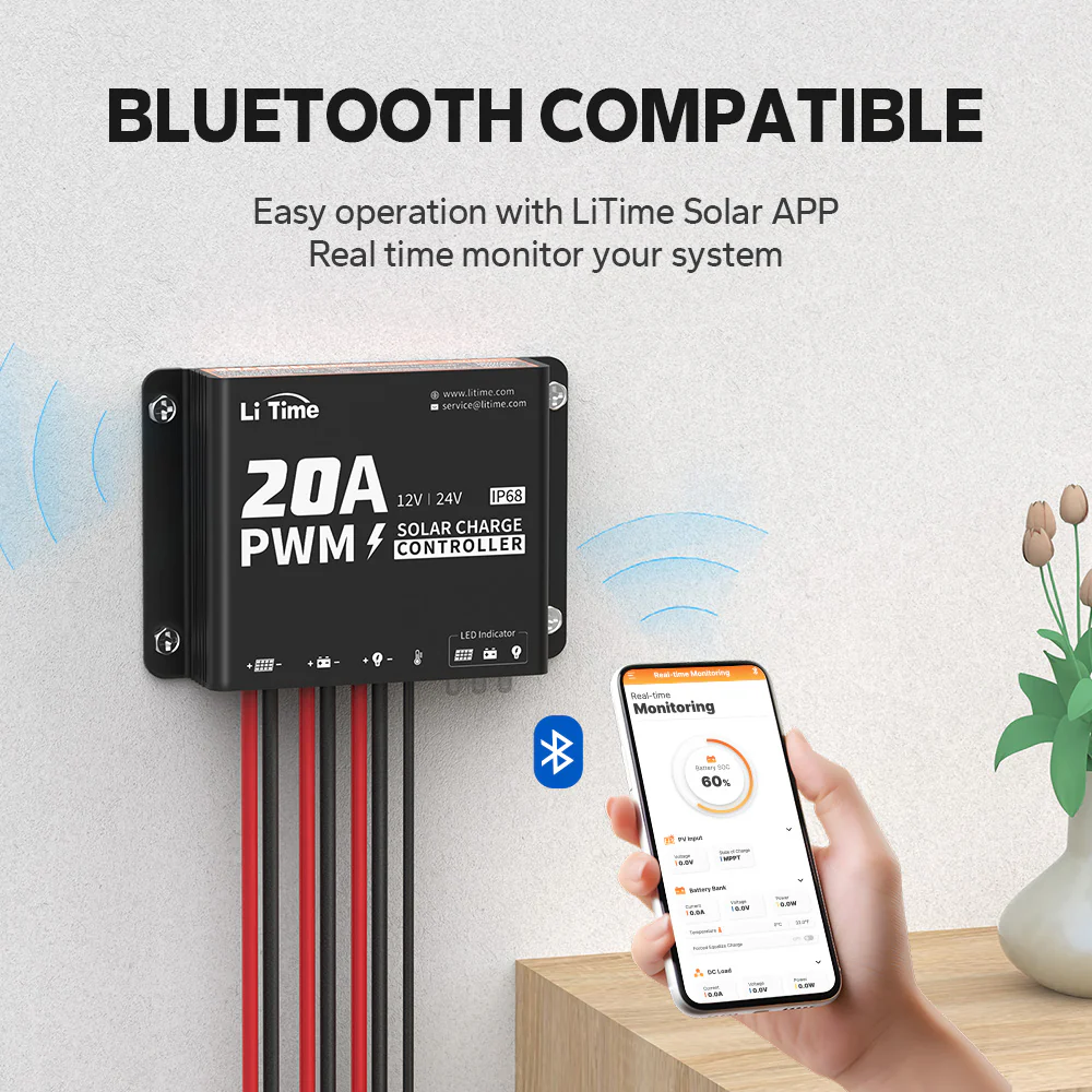 LiTime 12V/24V 20A PWM Solar Charge Controller with Bluetooth 3 LiTime 12V/24V 20A PWM Solar Charge Controller with Bluetooth
