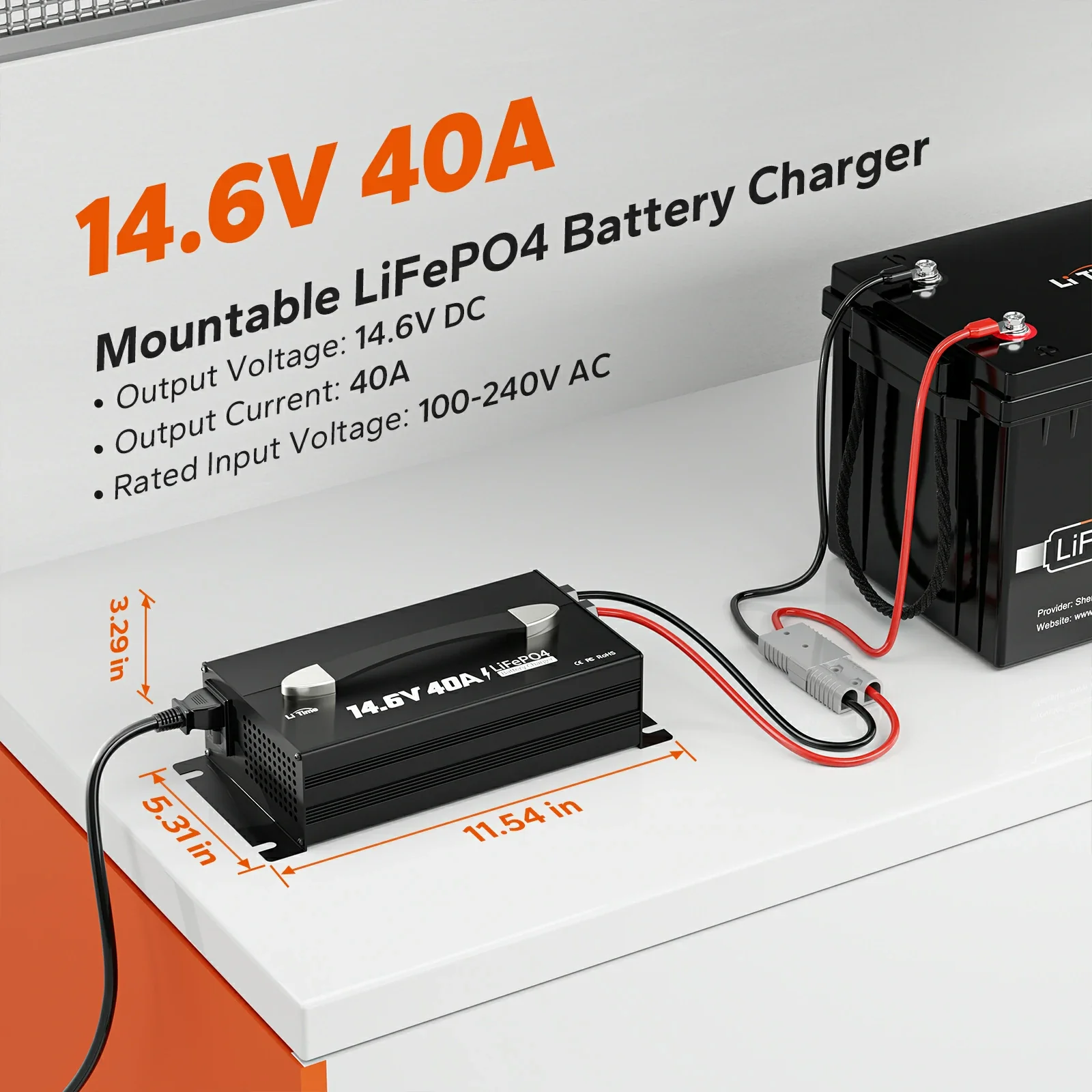 LiTime 12V (14.6V) 40A Mountable Lithium Battery Charger with Handle