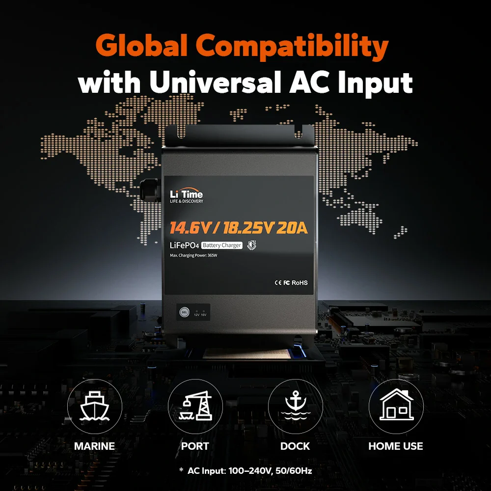 LiTime 12V(14.6V) & 16V(18.25V) 20A Waterproof Lithium Battery Charger 7 LiTime 12V(14.6V) & 16V(18.25V) 20A Waterproof Lithium Battery Charger