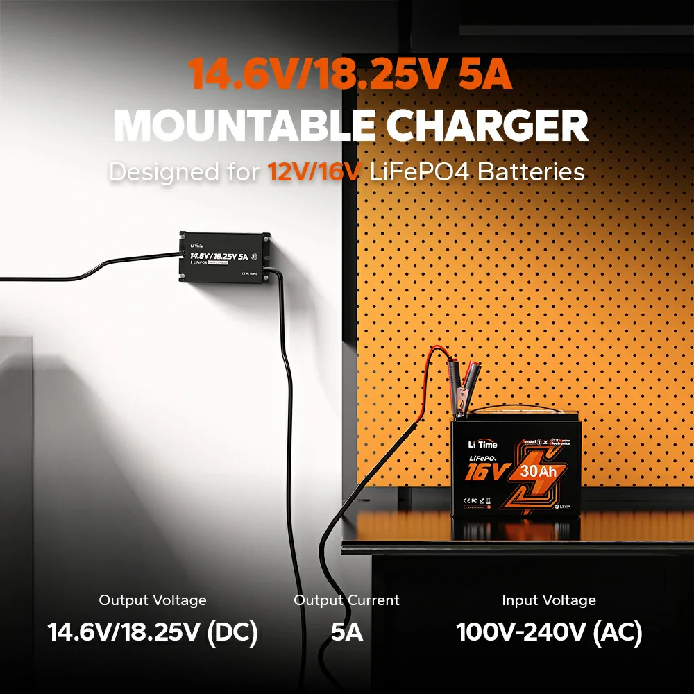 LiTime 12V(14.6V) & 16V(18.25V) 5A Waterproof Lithium Battery Charger
