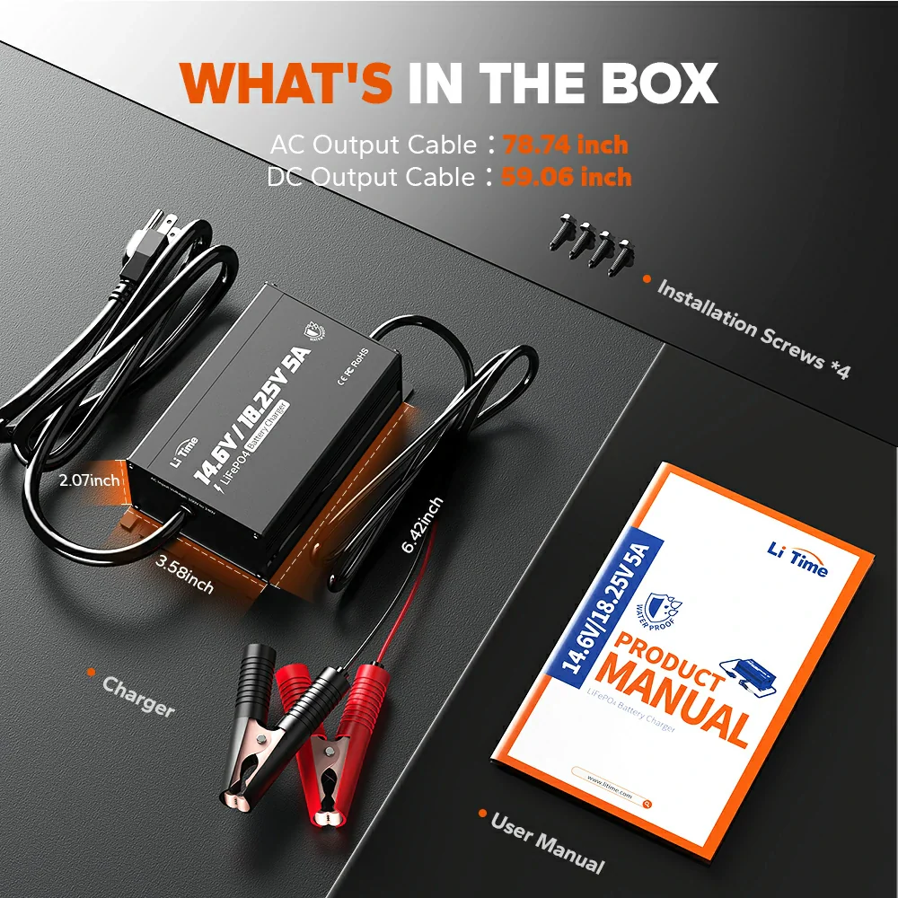 LiTime 12V(14.6V) & 16V(18.25V) 5A Waterproof Lithium Battery Charger