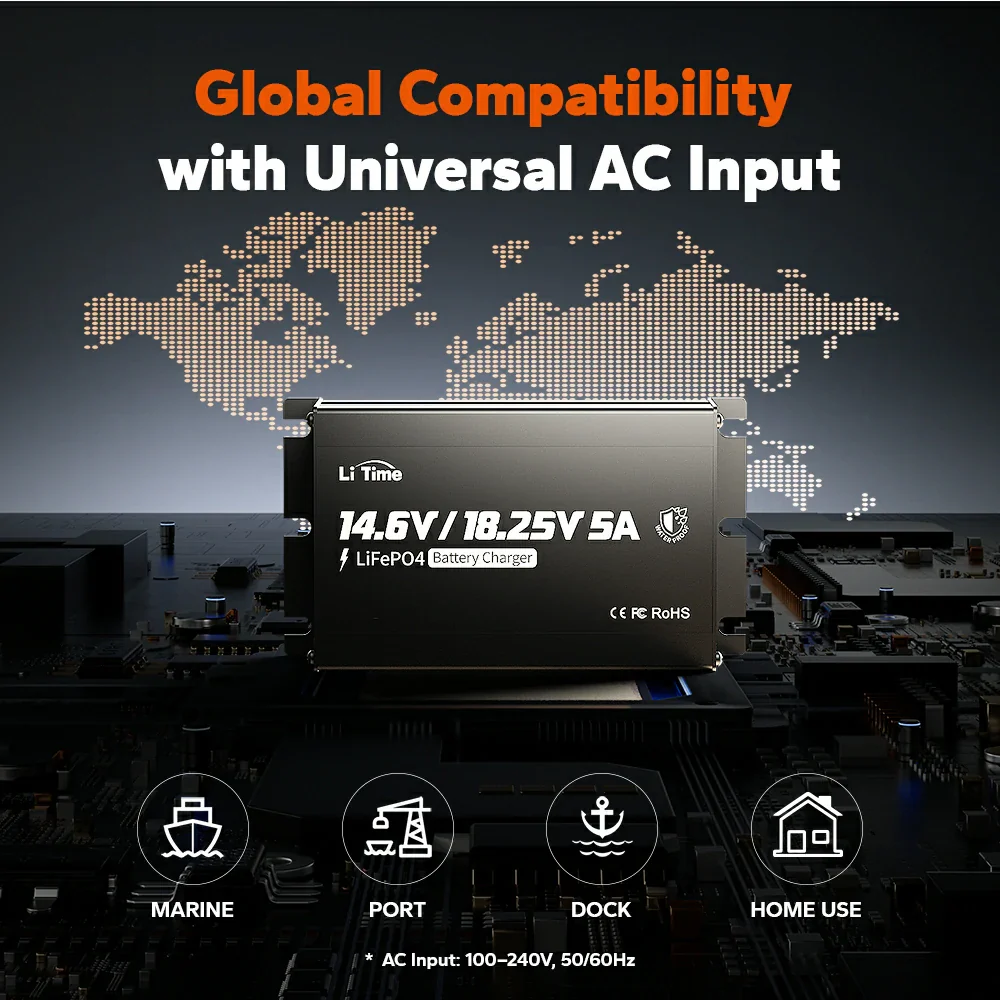 LiTime 12V(14.6V) & 16V(18.25V) 5A Waterproof Lithium Battery Charger