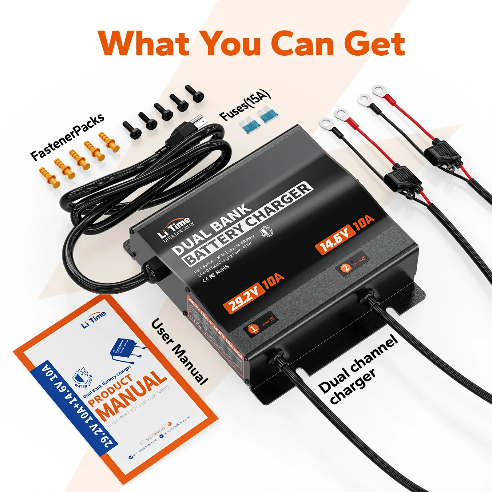 LiTime 10A 2 Bank 12V + 24V Battery Charger