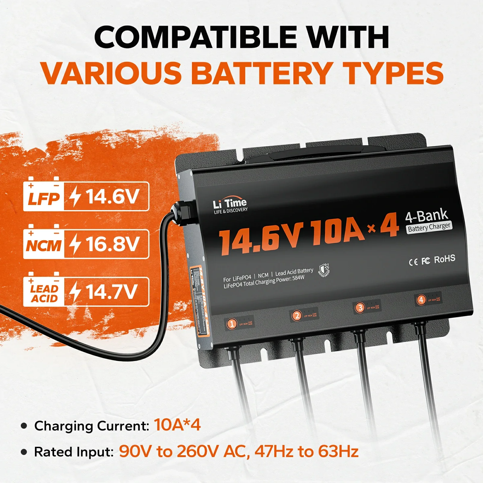 LiTime 4 Bank 12V 10A Battery Charger for Marine, RV 4 LiTime 4 Bank 12V 10A Battery Charger for Marine, RV