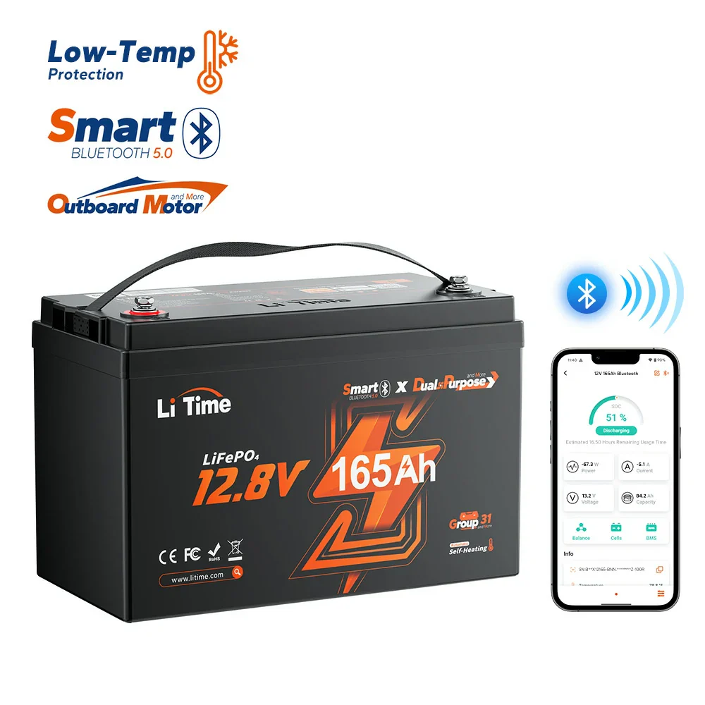 LiTime 12V 165Ah 1200 CCA Dual Purpose Marine Lithium Battery | Bluetooth & Auto Heating