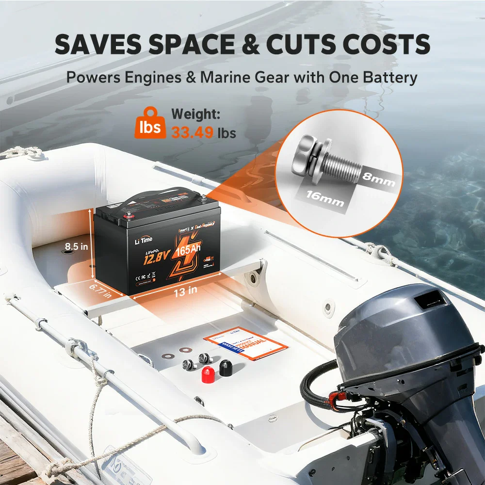 LiTime 12V 165Ah 1200 CCA Dual Purpose Marine Lithium Battery | Bluetooth & Auto Heating