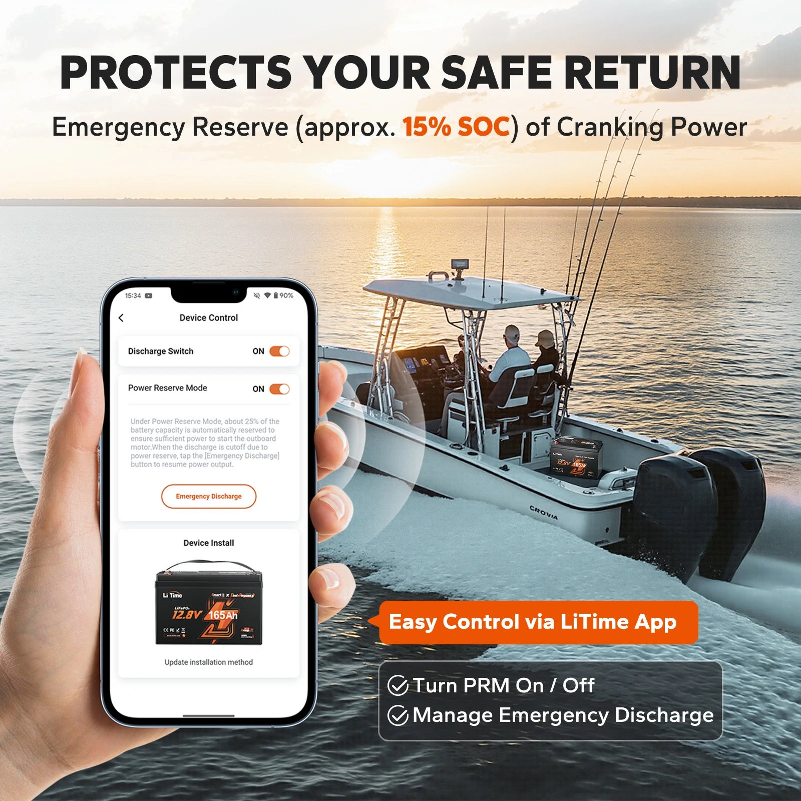 LiTime 12V 165Ah 1200 CCA Dual Purpose Marine Lithium Battery | Bluetooth & Auto Heating